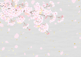 和紙のような背景に桜の枝と舞う花びらのイラスト