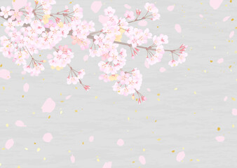 和紙のような背景に桜の枝と舞う花びらのイラスト