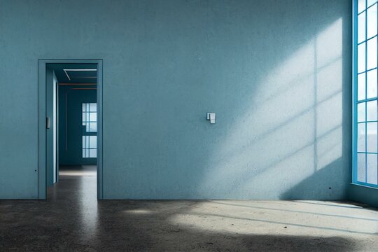 Interior Of Empty Room With Concrete Floor, Blue Wall, And Locked Door. Notion Of Decision. Mockup. Generative AI