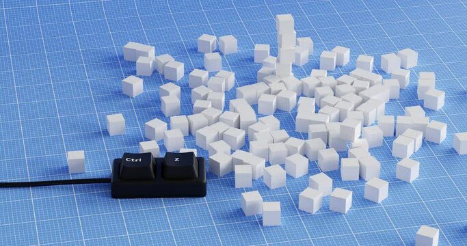 3D Animation Loop of a Ctrl + Z Shortcut Keyboard and a Cube Over Blue Gridded Background