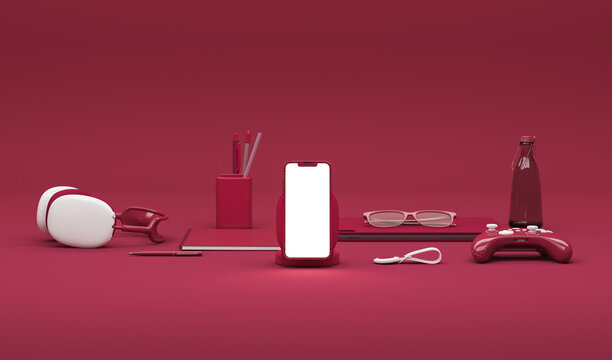Smartphone blank screen with gamepad, headphones on red, viva magenta background. Gamer equipment. Concept for presentation, advertising. 3d rendering.
