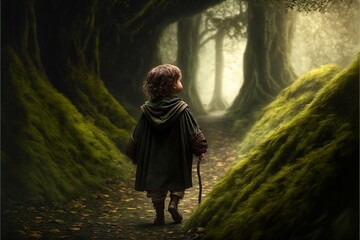 Halfling, hobbit, or child walking through a dark forest illustrated using generated AI art