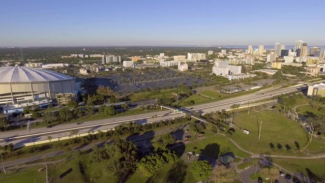 4K Aerial Drone Video (Pan Shot) of Tropicana Field in Downtown St. Petersburg, FL on Tampa Bay