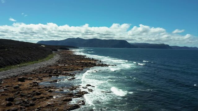 Shoreline in Gros Morne National Park, Newfoundland, Car Driving Along the Shore