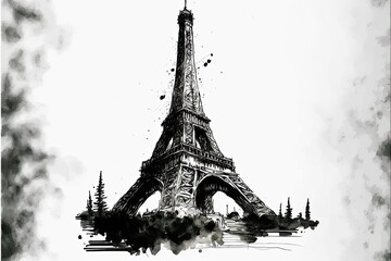 Sketch of Eiffel tower on white background, ink, watercolor, AI assisted finalized in Photoshop by me