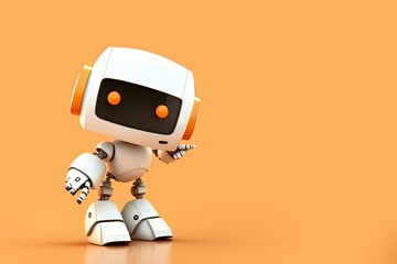 Happy cute robot pointing at a space, a friendly and cheerful robot shows the direction. 3D rendering illustration. Copy space - obrazy, fototapety, plakaty