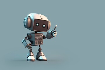 Happy cute robot pointing at a space, a friendly and cheerful robot shows the direction. 3D rendering illustration. Copy space, generative ai.