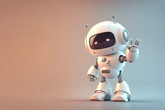 Happy cute robot isolated. Friendly robot waving with a smile, 3D rendering illustration. Copy space, generative ai.