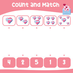Count and match together worksheet for preschool kids. Educational printable math worksheet. Math game for children. Vector illustration. Valentine worksheet for kids. 