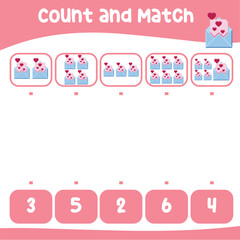 Count and match together worksheet for preschool kids. Educational printable math worksheet. Math game for children. Vector illustration. Valentine worksheet for kids. 