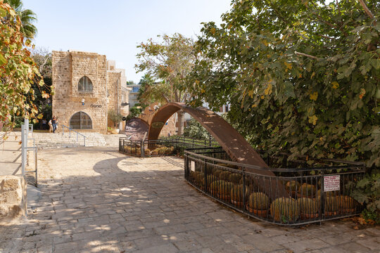 Sculpture in the form of a curved spoon near the Uri Geller museum in the old city of Yafo, in Tel Aviv - Yafo city, Israel