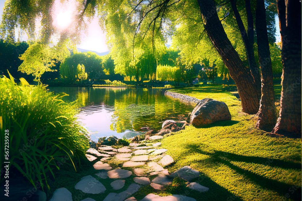 Wall mural summer spring landscape by the lake with stone path and surrounded by trees 2. generative ai.