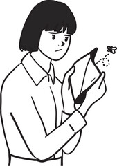 Very sad office woman cartoon with no pocket money