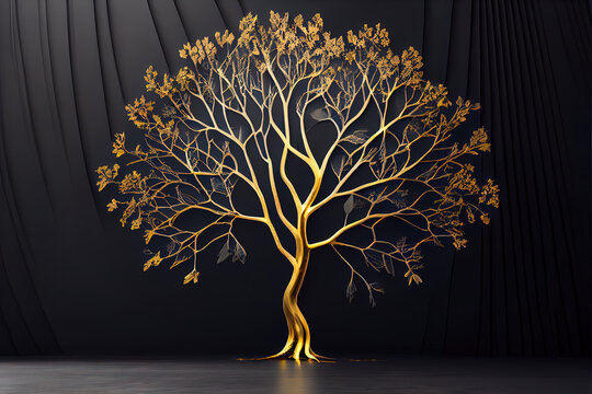 abstraction of a golden tree on a black background. Generative AI