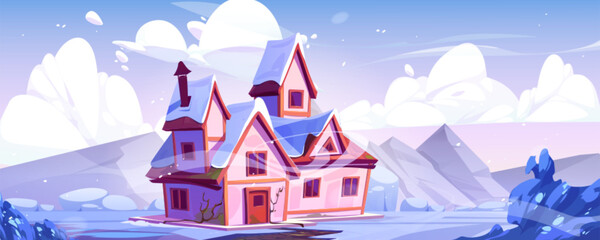 Winter landscape, country house surrounded by beautiful mountain. Vector cartoon snowy illustration of old cottage with red roof, garden with white trees and bushes under sunny blue sky