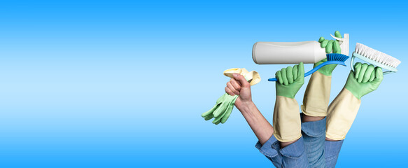 Multiple hands holding different tools for housekeeping banner. Spring cleaning concept.