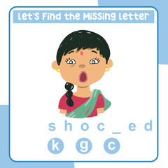 Complete the missing letter for feeling expression shocked in English. Kids educational worksheet. Printable worksheet for preschool. Writing practice. Cute and Kawaii Vector file