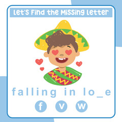Complete the missing letter for feeling expression falling in love in English. Kids educational worksheet. Printable worksheet for preschool. Writing practice. Cute and Kawaii Vector file