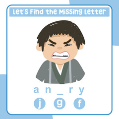 Complete the missing letter for feeling expression angry in English. Kids educational worksheet. Printable worksheet for preschool. Writing practice. Cute and Kawaii Vector file