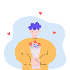 Illustration of young man gives bouquet of flowers
