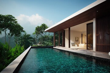 Fototapeta premium Luxury with tropical Jungle villa resort luxurious swimming pool. Generative AI illustration