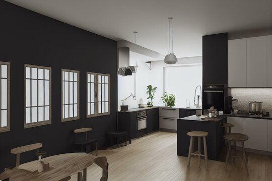 3d Rendering Kitchen With Dining Room Isometric Interior, Open View. Warm Home Atmosphere In Love Nest. Design Of A Small Practical Apartment, Nice Dollhouse. Generative AI