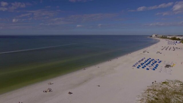 4K Drone Video of Beach Cabanas and Umbrellas at Bellwether Resort on the Gulf of Mexico in St. Pete Beach, Florida