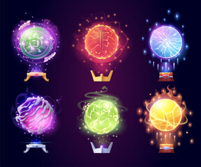 Magic crystal balls, energy spheres with light effect. Fantasy magician, sorcerer or fortune teller crystal orbs with shine, lightnings, fire and sparks, on wooden stand vector cartoon illustration