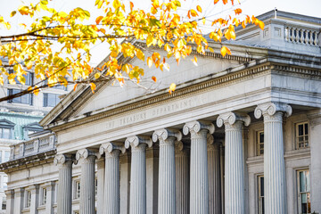 Exterior of the United States Department of Treasury building in downtown Washington, DC - 567239908