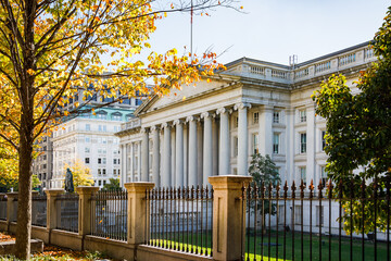 Exterior of the United States Department of Treasury building in downtown Washington, DC - 567239914