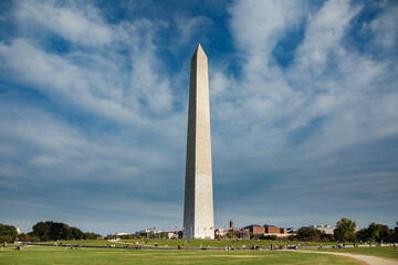 The Washington Monument, a memorial to first US President and Founding Father George Washington, located on the National Mall in Washington, DC