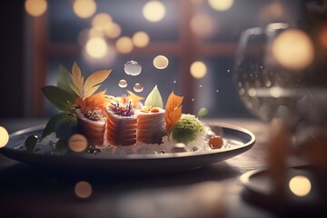 delicious sashimi on the table of an expensive restaurant in tokyo. generative AI - obrazy, fototapety, plakaty