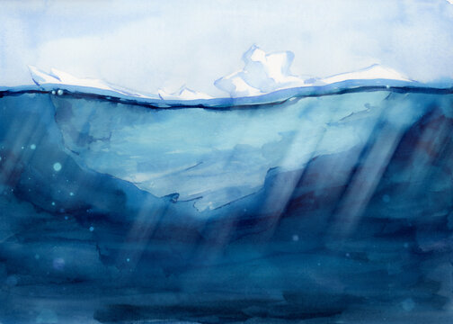 Iceberg in the ocean with a view underwater. Drifting ice in the ocean, the concept of hidden danger. Watercolor illustration. Arctic landscape. A clipart for covering global warming.