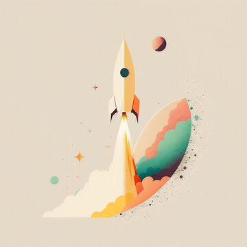  A Rocket In The Space You Can See The Earth, Minimal Pastel Color Line Art, Made With Generative AI