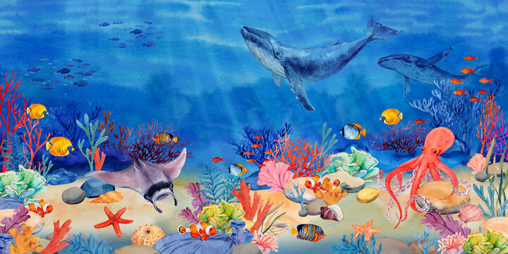 Underwater landscape with coral reef, mana rays, octopus, fish and shells. Seascape, illustration. Ocean water scene with two humpback whales. The bottom of the ocean in the tropics.