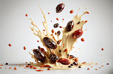 Obraz na płótnie Canvas Dates Almonds Pistacio Cherry Raisins Splashing into Milk and Honey on white Backdrop