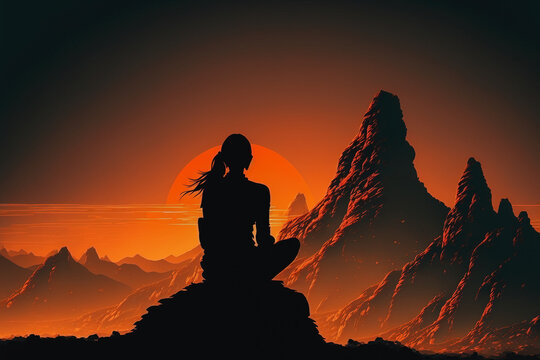 silhouette of a woman meditating on a mountain sunset illustration generative ai