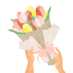 チューリップの花束を渡す人の手描き水彩風イラスト