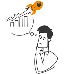 hand drawn doodle person think about rising up graph rocket illustration