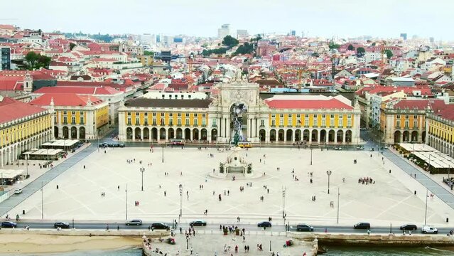 Commerce Plaza, Praca do Comercio downtown historic Lisbon. Aerial drone Lisbon historic center. Famous European tourism destination, iconic landmark, travel in Portugal.