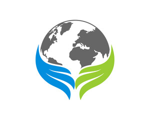 World map with blue and green wings protecting