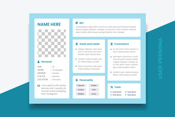 User Persona Document Template Vector Illustration. Examples of User Personas template. Persona Document. Persona Template for UI UX designer. User Persona vector horizontal template with double color