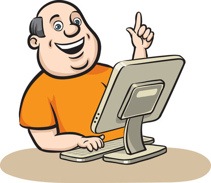 cartoon fat man with desktop computer on white background - PNG image with transparent background