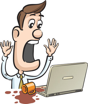 frustrated businessman pouring cup of coffee on laptop computer - PNG image with transparent background