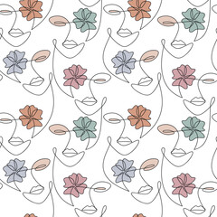 Woman faces seamless pattern vector. Female portrait continuous drawing. Monochrome abstract minimal one line illustration. Wallpaper, background, fabric, print, wrapping paper, card, banner, poster.