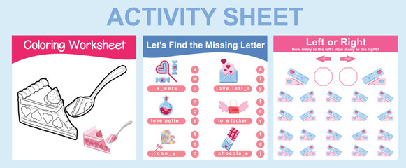 3 in 1 Activity kit Valentine’s edition for preschool and kindergarten kids. Educational printable worksheet. Colouring page, Trace and match, writing activity fun activity worksheet. Vector file.