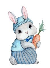 Bunny, rabbit, hare cartoon character. Hand painted watercolor illustration  for children. 