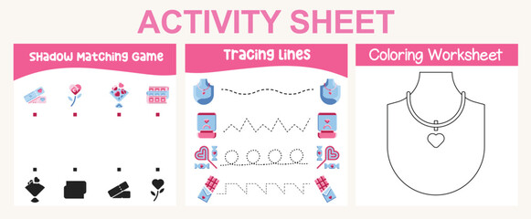 3 in 1 Activity kit Valentine&rsquo;s edition for preschool and kindergarten kids. Educational printable worksheet. Colouring page, matching shadows, tracing lines fun activity worksheet. Vector file.