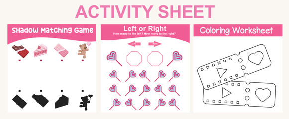 3 in 1 Activity kit Valentine’s edition for preschool and kindergarten kids. Educational printable worksheet. Colouring page, matching shadows, how many are left or right fun activity worksheet. 