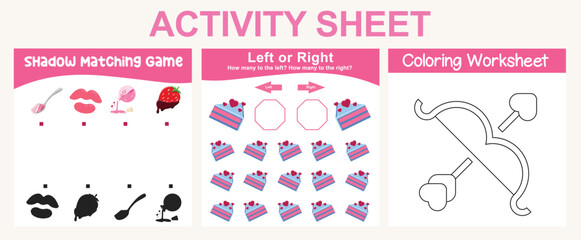 3 in 1 Activity kit Valentine’s edition for preschool and kindergarten kids. Educational printable worksheet. Colouring page, matching shadows, how many are left or right fun activity worksheet. 